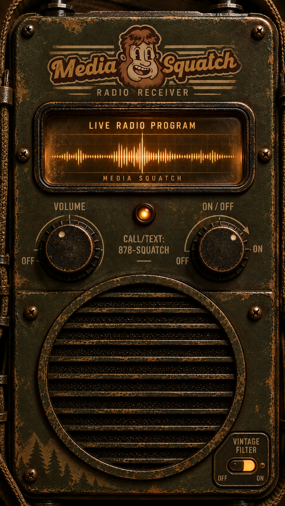 Media Squatch vintage radio receiver with an amber display, two knobs, and a large speaker grille